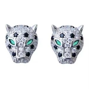 Panthere Emerald Green Eyes Silver Crystal Earrings